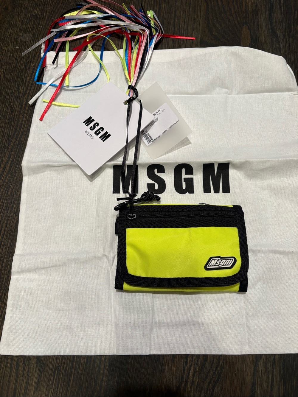 MSGM neon green wallet nylon velcro nwt  Mini Logo Zip Cardholder with Keyring